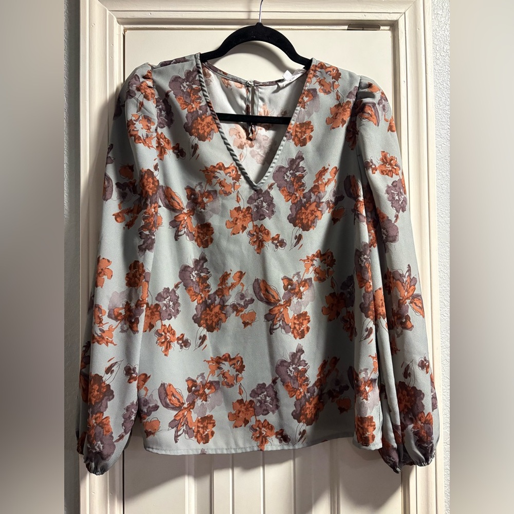 ee:some Floral Blouse Womens Medium Sage Green Rust Puff Sleeve V-Neck TH12041